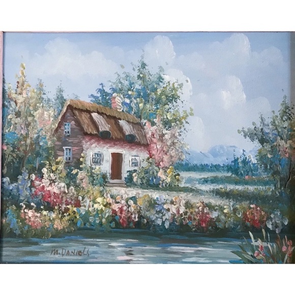 Floral Garden Cottage Oil Painting Art In Pink Painted Frame Fairy Grandma Core - Picture 2 of 7